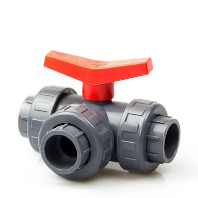 Vanne à bille PVC trois voies, perçage T, à coller, gris foncé