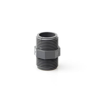 PVC-Doppelnippel, Sechskant + Gewinde AG - AG, grau